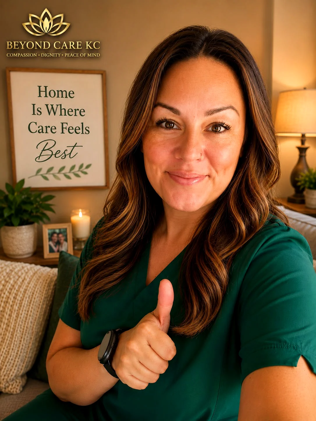 Beyond Care KC founder smiling in green scrubs and giving a thumbs up